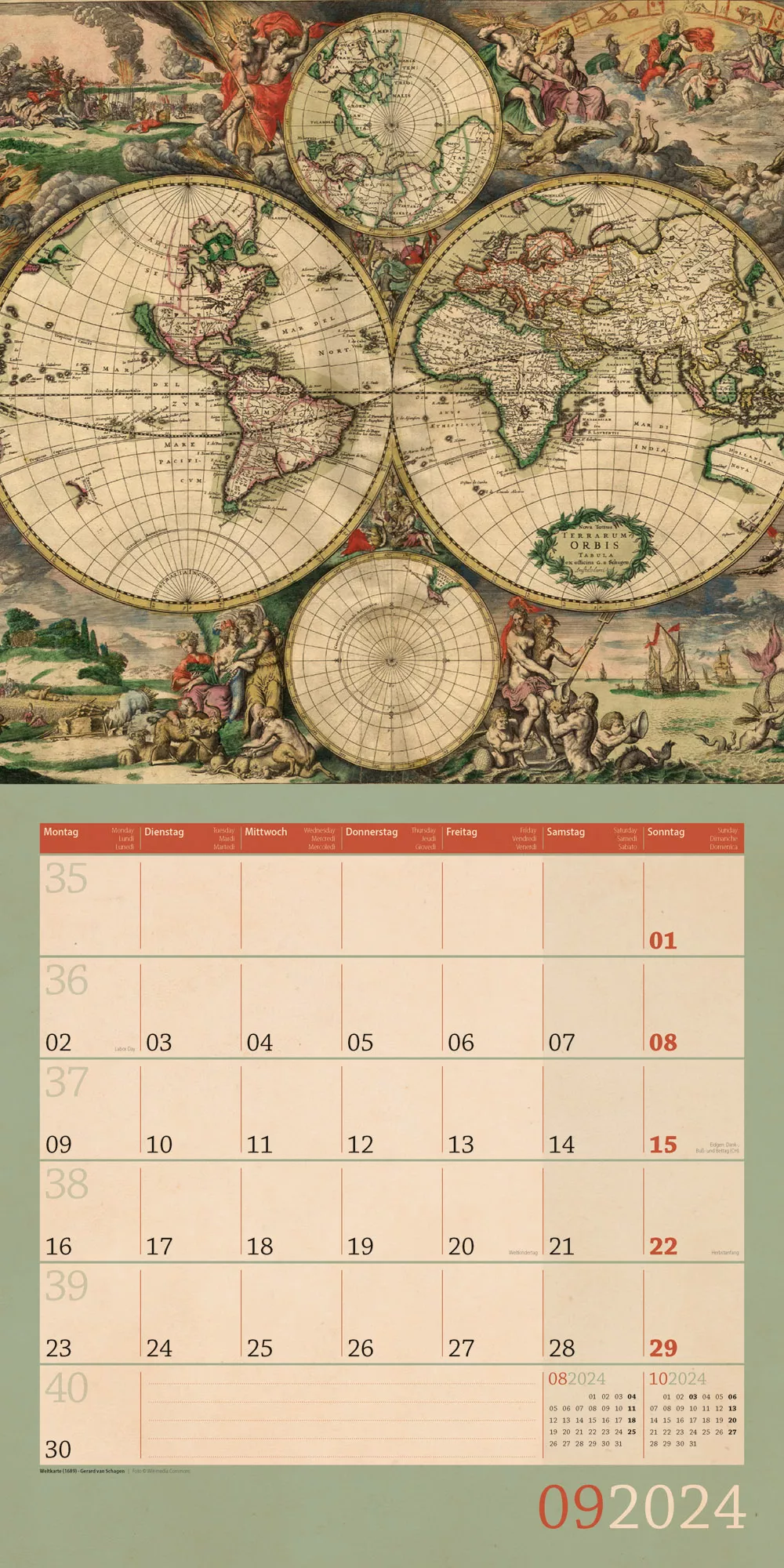 Art12 Collection Kalender Vintage Maps 2024 - 30x30 - Innenansicht 09